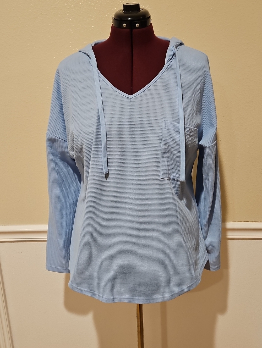 Light Blue V-Neck Waffle Hoodie with Pocket